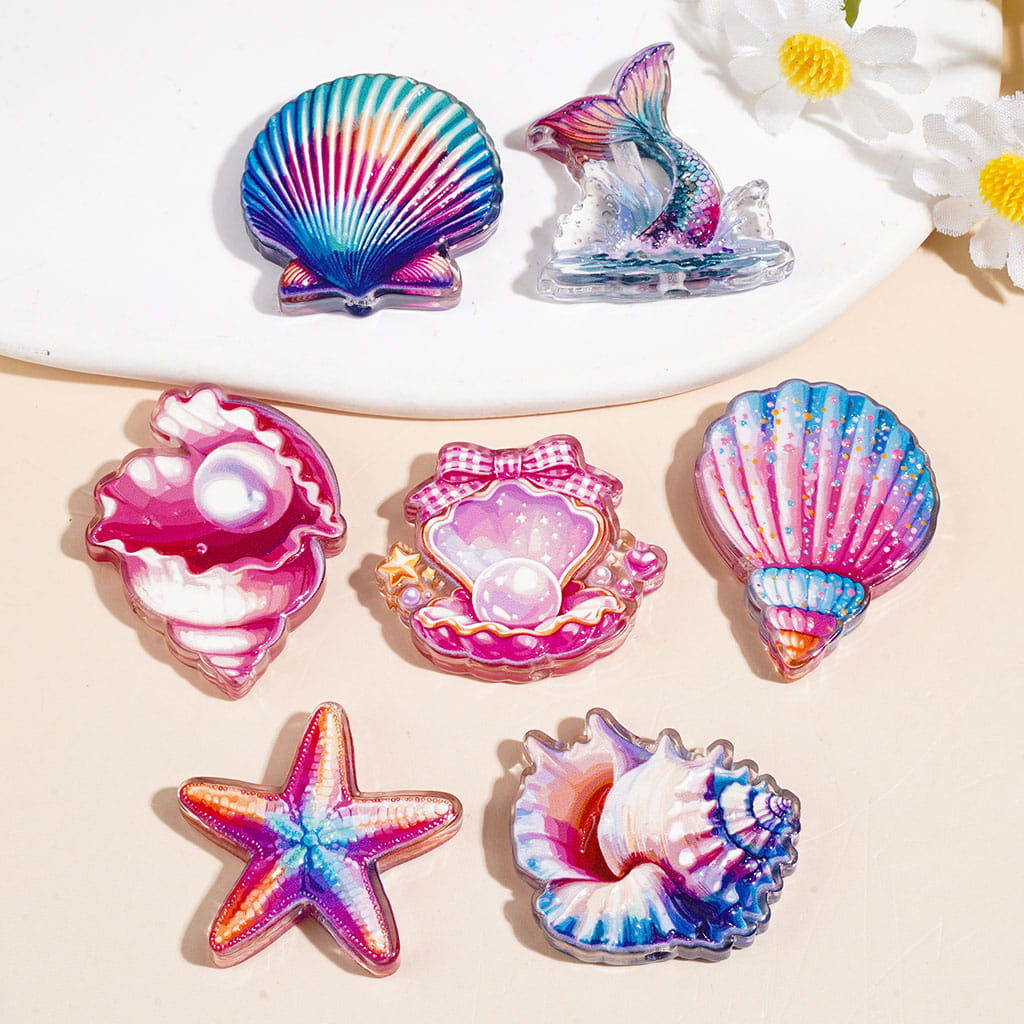Acrylic Beads Marine Ocean Life Series, Scallop Starfish Conch Mermaid Tail on Wave, Random Mix