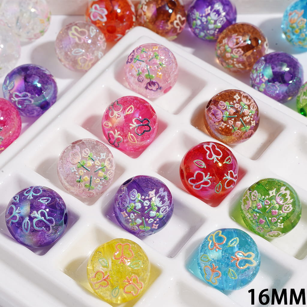 UV-Coated Acrylic Beads for Bracelets with Butterfly and Tulip, 16MM Mulit-Color Random Mix