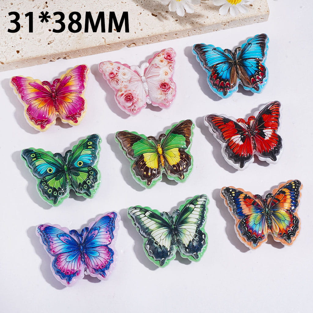 Colorful Butterfly Acrylic Beads with Various Design Texture, 31*38MM, Multi-Color, Random Mix