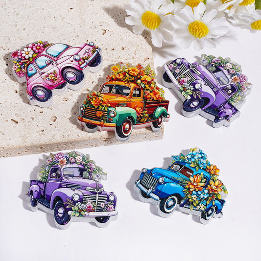 Acrylic Beads Truck Car with Various Flowers, Around 30*35MM, Multi-Color, Random Mix