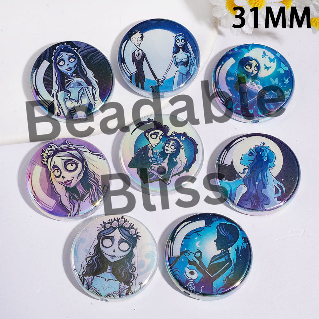 Acrylic Beads UV-Coated with Halloween Skull Couple Character Series, 31MM, Flat Round Shape, Random Mix