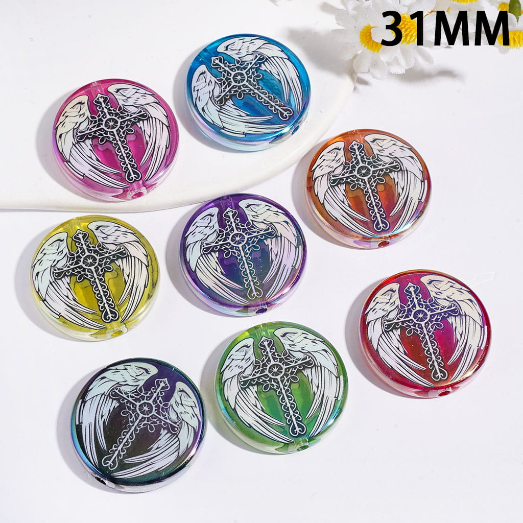 UV Coating Acrylic Beads with Cross and Angel Wings, 31MM, Flat Round Shape, Multi-Color, Random Mix