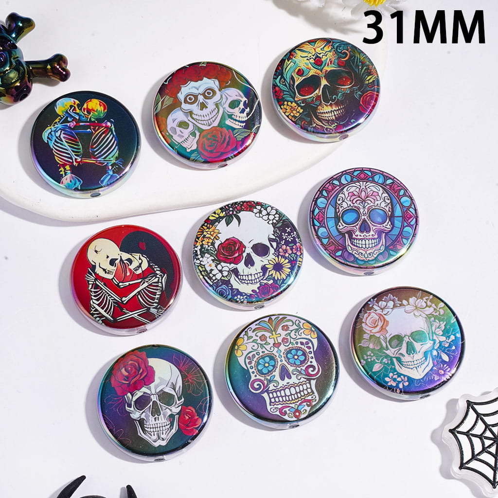 Day of the Dead Theme Skull Head with Flowers Acrylic Beads, 31MM, UV Coating Process, Flat Round Shape, Random Mix