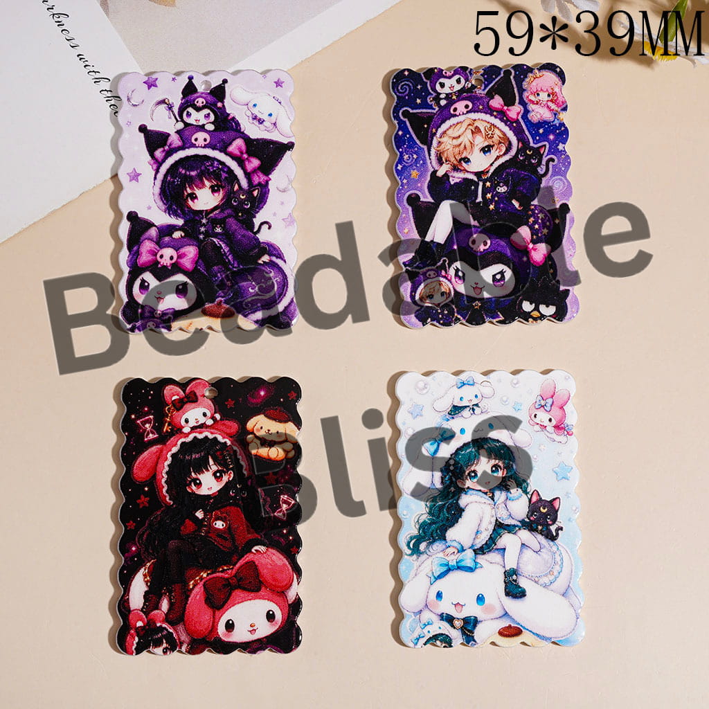 Acrylic Pendants Lively Girl in Adorable Dog Bunny Winter Clothes, 59*39MM, Anime Style, Wavy Edged Flat Rectangle Shape, Random Mix