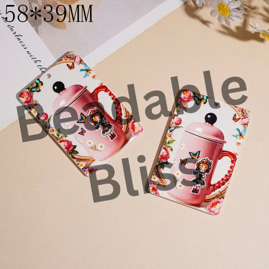 Acrylic Pendants with Pink Enamel Cup Peony Flower Butterfly Patterns, 58*39MM, Rounded Flat Rectangle Shape