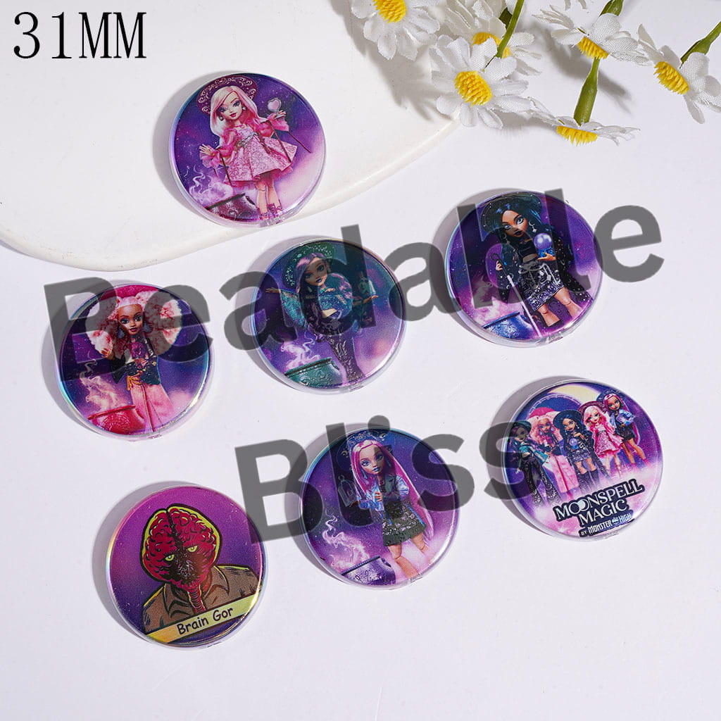 Acrylic Beads UV Coating with Explore an Adventure Elf High School, 31MM, Purple Series, Flat Round Shape, Random Mix
