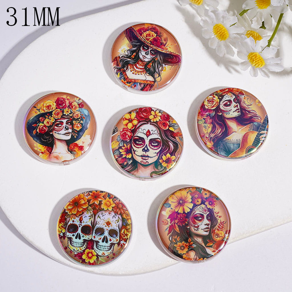 Acrylic Beads UV Coating with Skull Girl and Flower, 31MM, Day of the Dead, Flat Round Shape, Random Mix