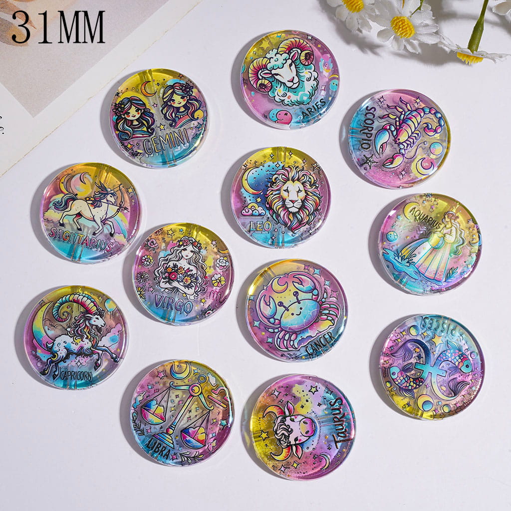 UV Coating Twelve Constellations Theme Acrylic Beads, 31MM, Pink Blue Yellow Gradient Colors, Flat Round Shape, Random Mix