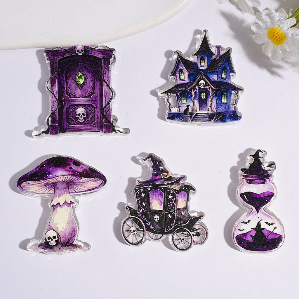 Halloween Mushroom Castle Carriage Sand Clock Magic Door Acrylic Beads, Purple Black Witch Theme, Random Mix