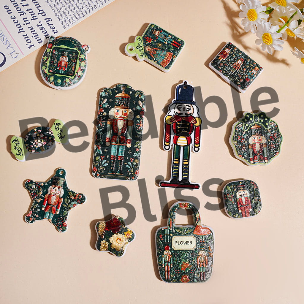 Wooden Nutcracker Solider Toys Print Acrylic Beads and Pendants, Green Series, Random Mix