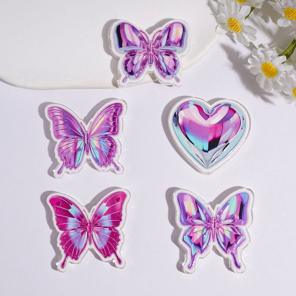 Pink Purple Butterfly and Heart, Semi-Clear, Random Mix