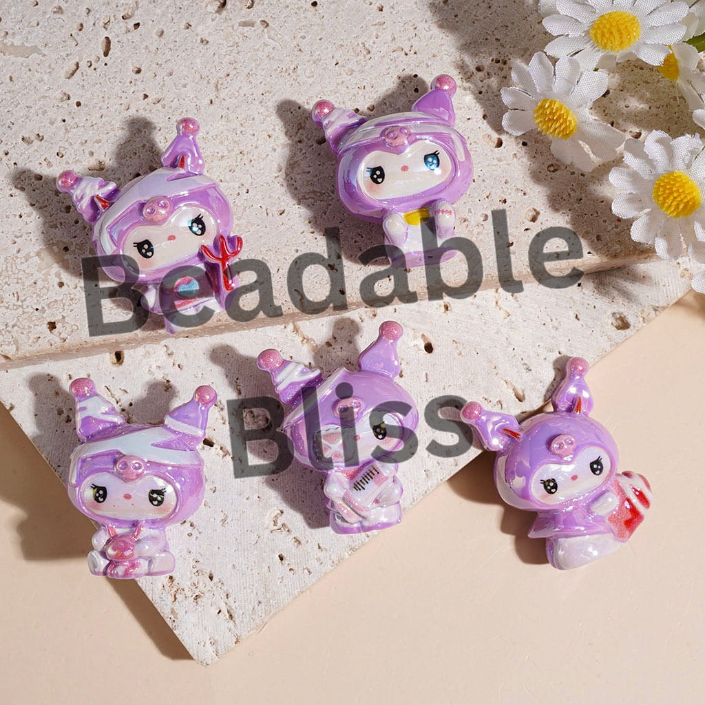 Purple Evil Girl Character UV-Coated Acrylic Beads, Assorted Designs & Style, Random Mix