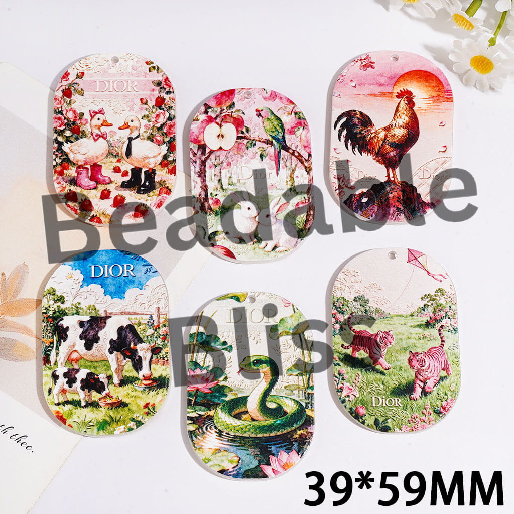Countryside Style with Cow Tiger Duck Rabbit Snake Rooster Series Acrylic Pendants, Flat Rounded Rectangle Shape, 39*59MM Random Mix