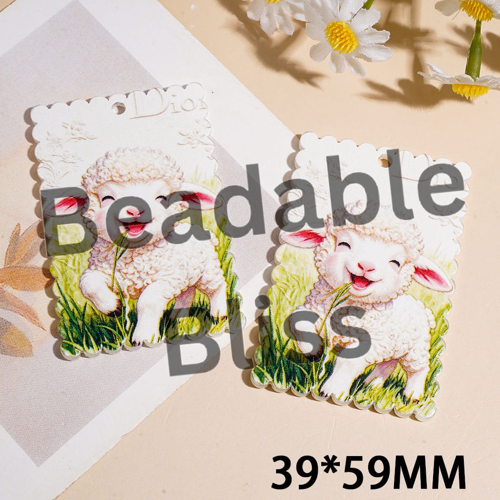 Acrylic Pendants Lamb Eating Grass on Lawn, Wavy Edged Flat Rectangle Shape, 39*59MM