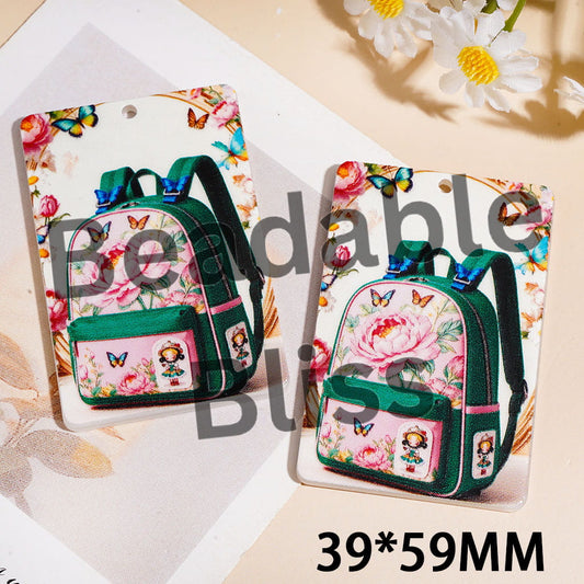School Bag with Butterfly Flower Acrylic Pendants, Flat Rectangle Shape, 39*59MM