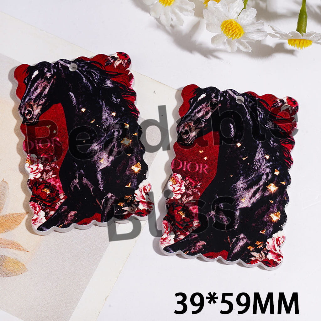 Acrylic Pendants Black Horse with Flower Gold Sparkle Pattern, Wavy Edged Flat Rectangle Shape, 39*59MM