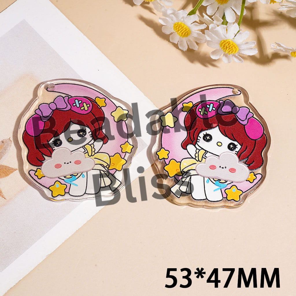 Cute Girl Sitting on Moon with Cloud Star Single-Side Acrylic Pendants, 53*47MM