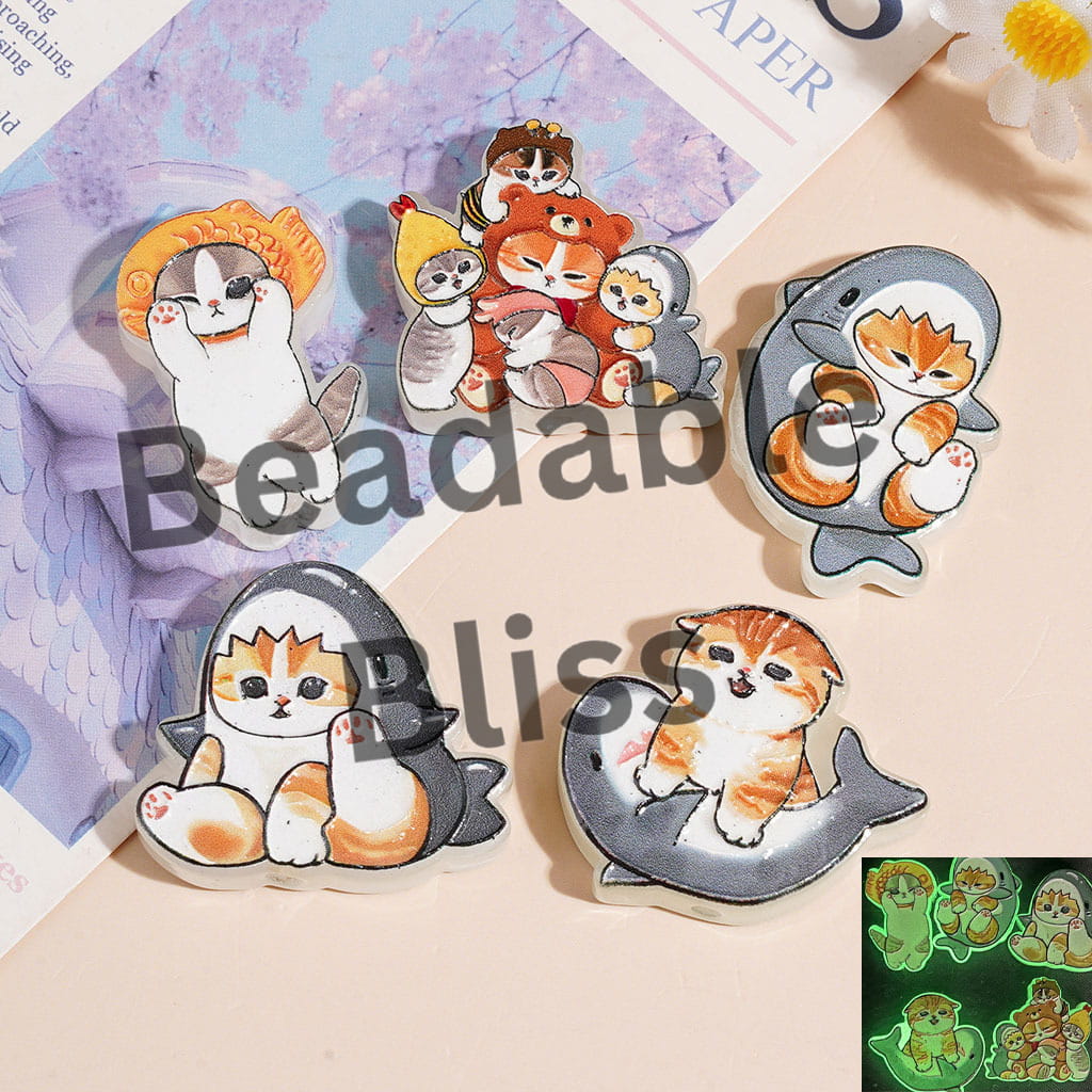 Luminous Acrylic Beads Lovely Shark Cat in Assorted Style, Random Mix