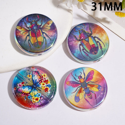 UV-Coated Acrylic Beads Insects Series with Beetle Butterfly Flower, Flat Round Shape, 31MM Random Mix