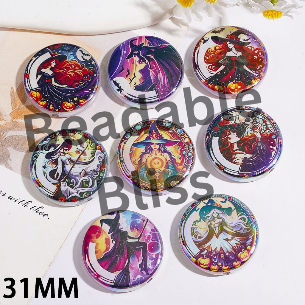 UV-Coated Acrylic Beads with Witch Series, Flat Round Shape, 31MM Random Mix