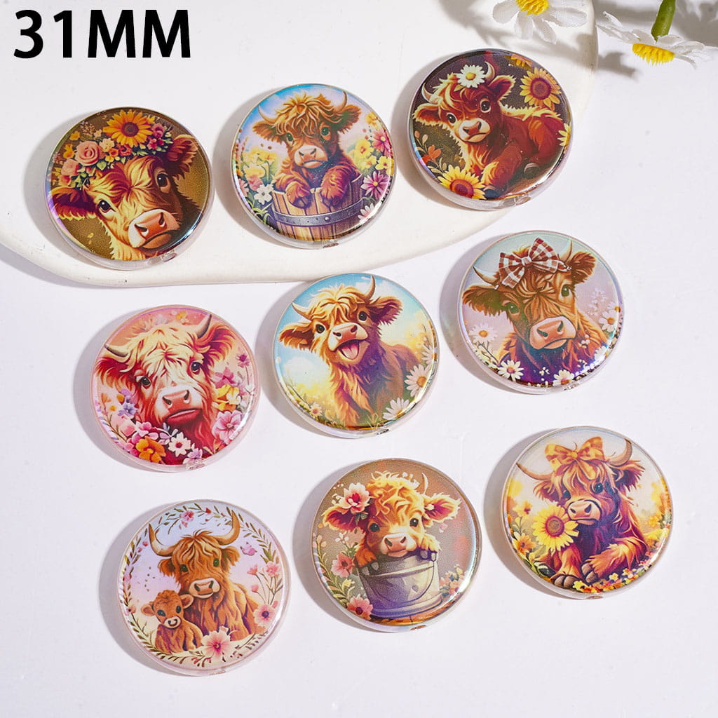 Highland Cow with Flower Series UV-Coated Acrylic Beads, Flat Round Shape, 31MM Random Mix
