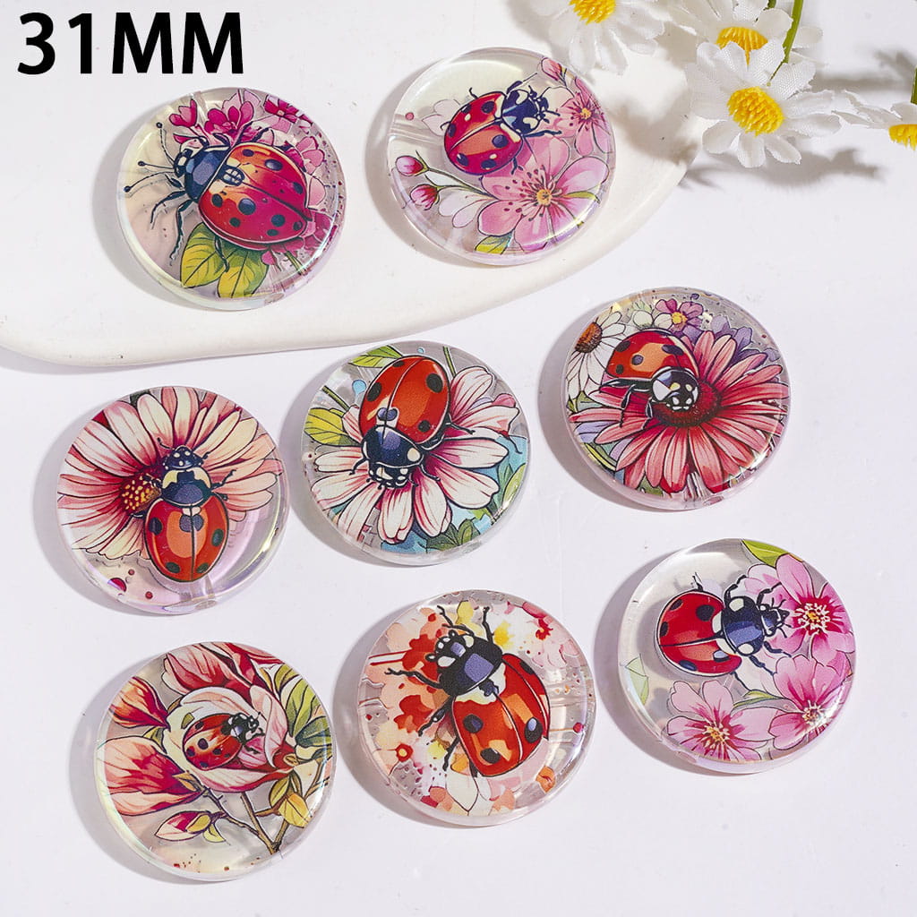 Ladybug with Flower Series UV-Coated Acrylic Beads, Flat Round Shape, 31MM Random Mix
