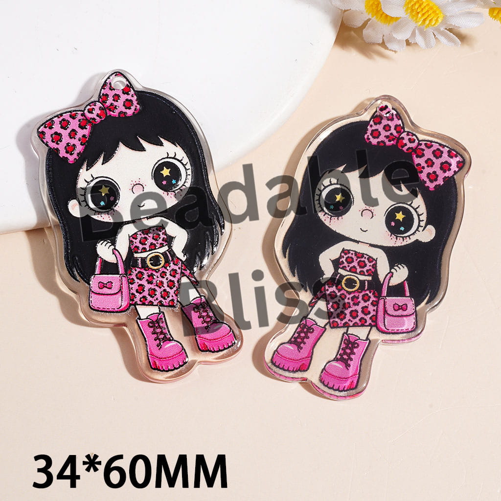 Big Eyed Freckled Girl with Pink Leopard Clothes and Handbag Acrylic Pendants, Single Side Print, 34*60MM, Clear