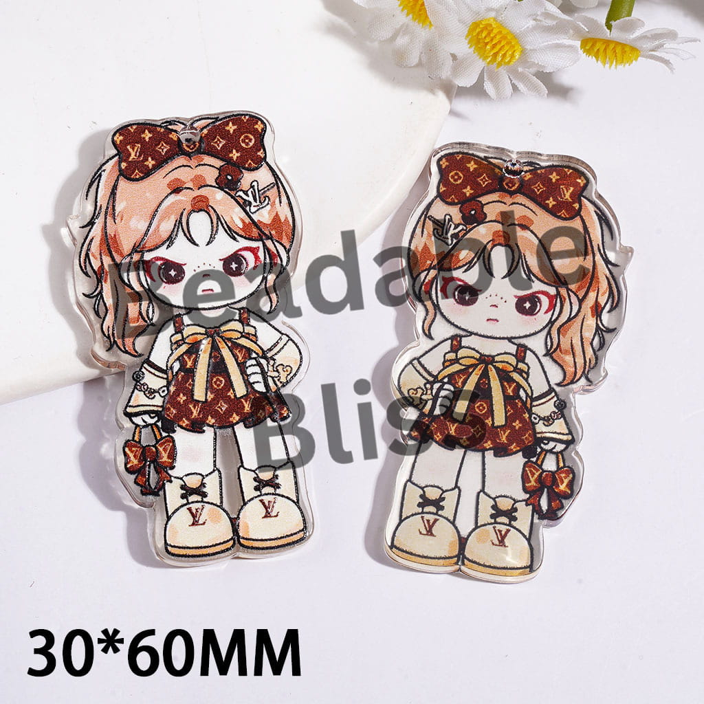 Light Brown Haired Girl with Fashionable Dress and Bowtie Acrylic for Handbag Keychain Pendants, 30*60MM, Single Side Prints