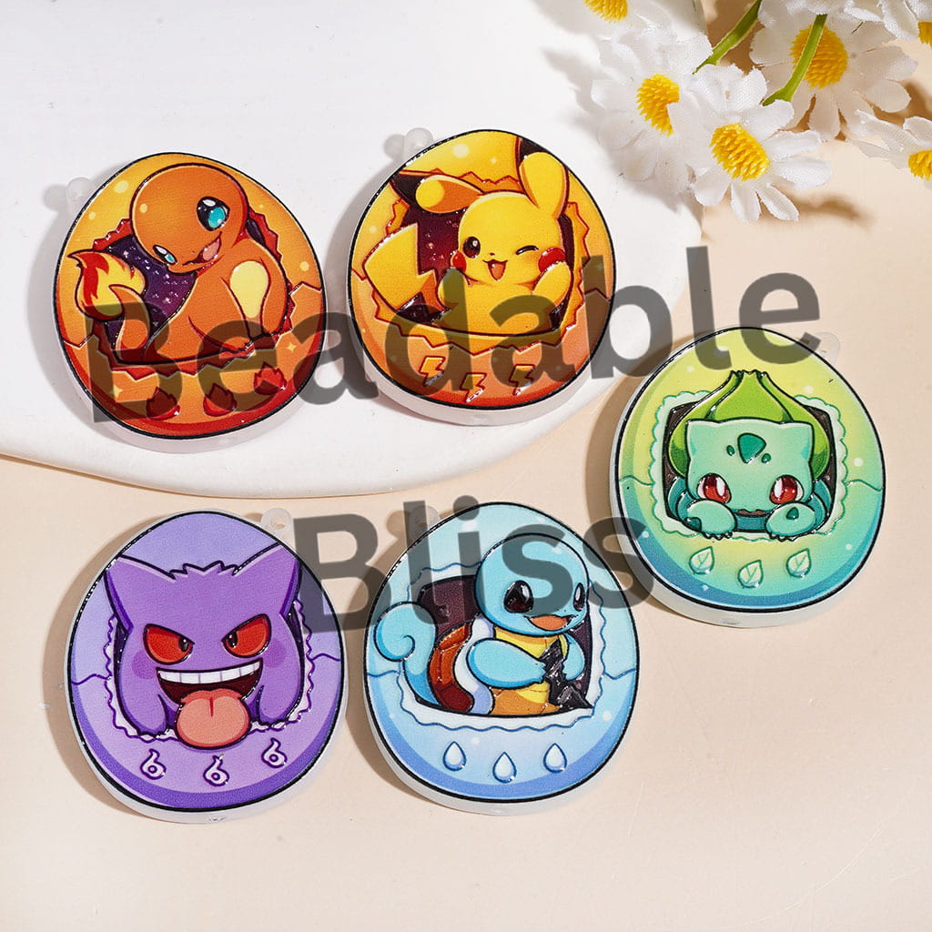 Acrylic Beads and Pendants Small Monster Character Series, 33*37MM, Flat Egg Shape, Random Mix