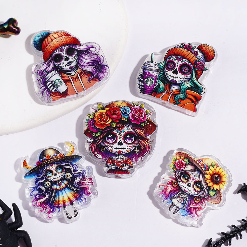 Day of the Dead Theme Acrylic Beads Colorful Ghost Skull with Hat Flower, Random Mix