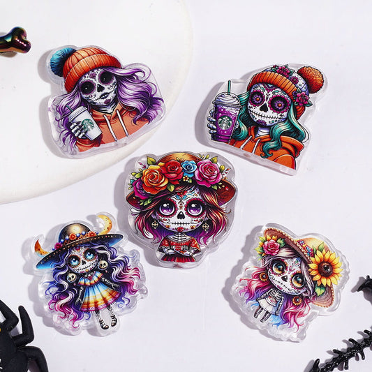 Day of the Dead Theme Acrylic Beads Colorful Ghost Skull with Hat Flower, Random Mix