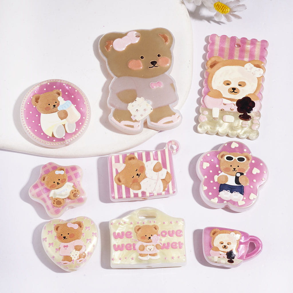Cute Bear Series Acrylic Beads and Pendants, Pastel Pink Brown Style, Random Mix