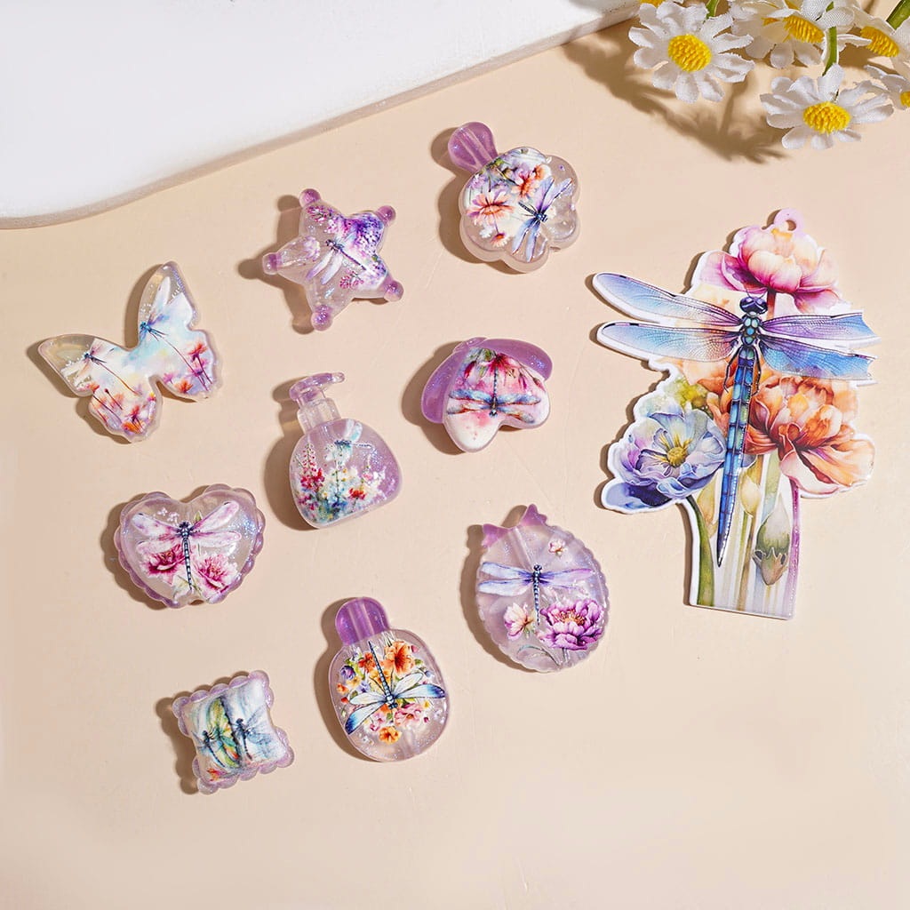 Acrylic Beads and Pendants with Dragonfly and Flower in Purple Series, Random Mix
