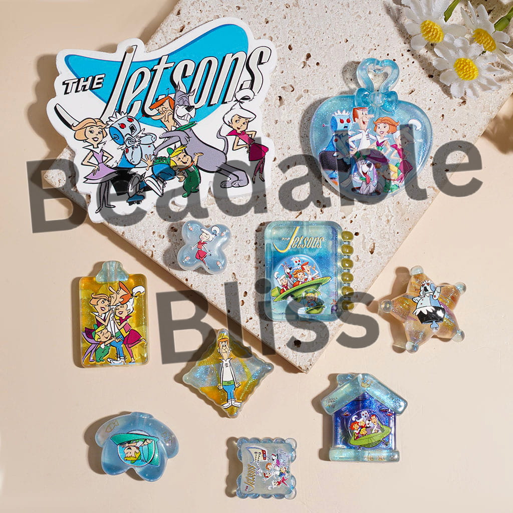 Acrylic Beads and Pendants with Retro Cartoon Family Theme Space Adventure Print, Random Mix