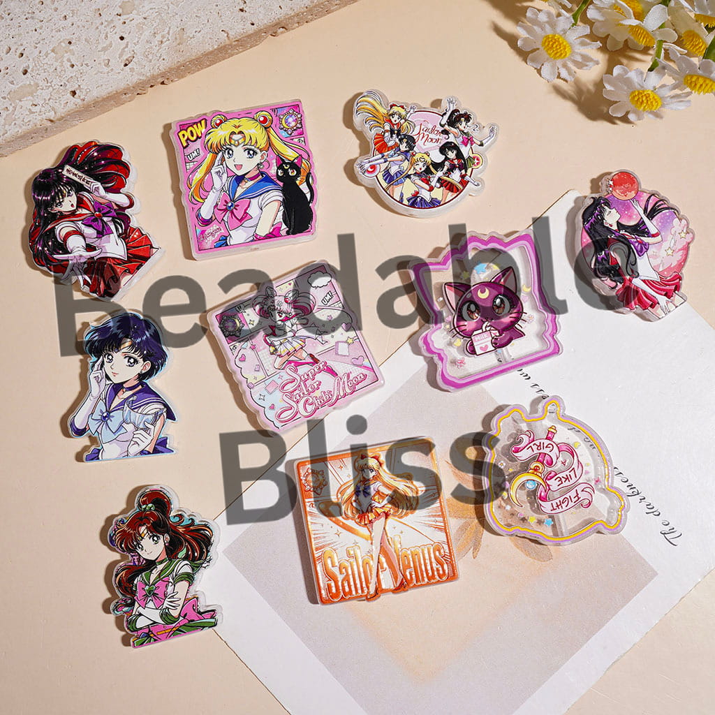 Acrylic Beads Magical Girl Guardian Character and Cat, Random Mix