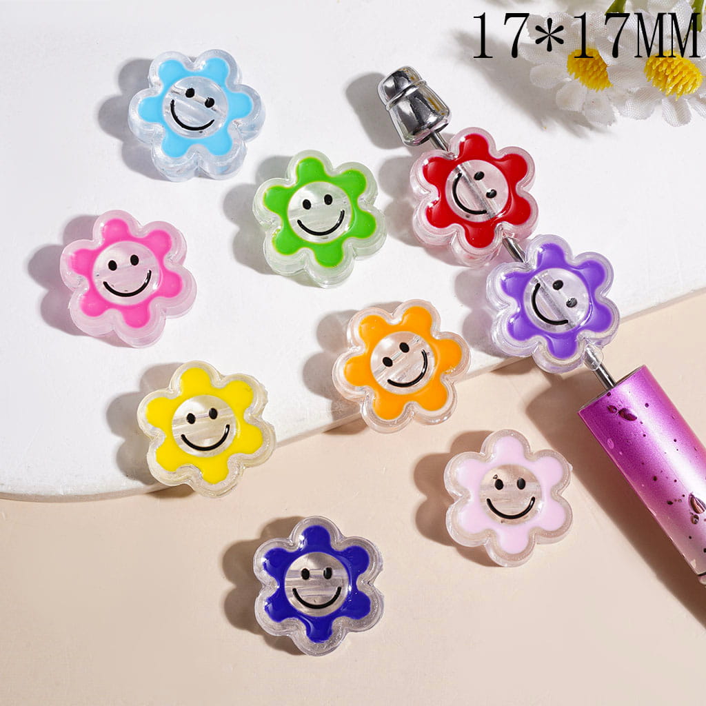 Flower Shaped Single-Side Acrylic Beads with Smiling Face, Translucence, 17*17MM Multi-Color Random Mix (The Hole Is Horizontal, Not Vertical)