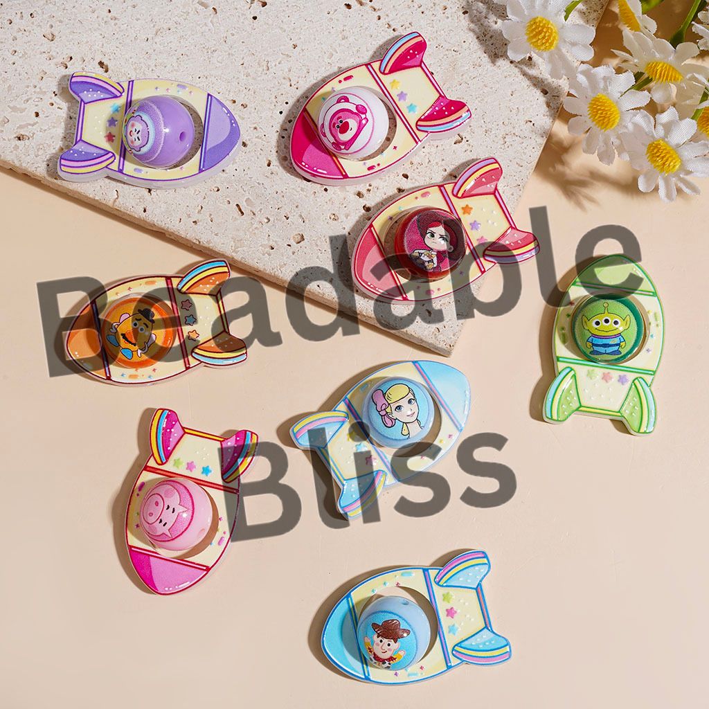 Classic Animation Character Printed Acrylic Beads, Rocket Frame and Round Beads Set Collection,  Random Mix
