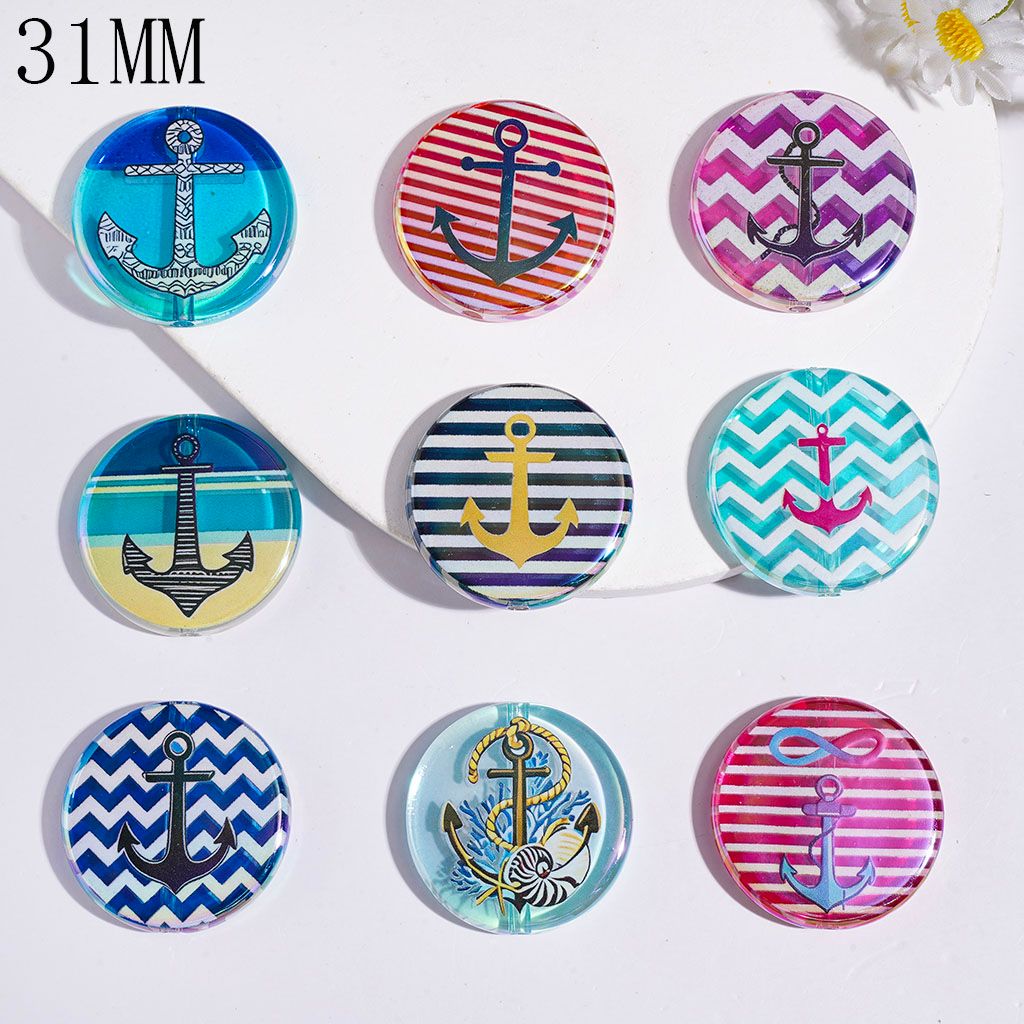 Acrylic Beads UV-Coated Nautical Anchor and Stripes, 31MM, Flat Round Shape, Random Mix
