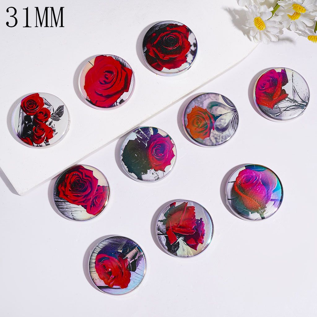 Red Rose Flower Prints UV-Coated Acrylic Beads, 31MM, Flat Round Shape, Random Mix