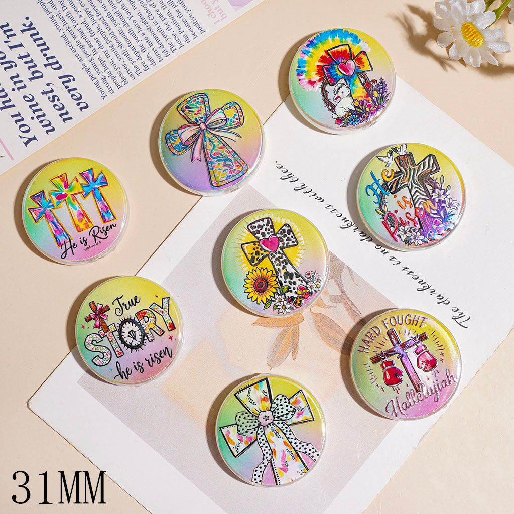 UV-Coated Colorful Cross Butterfly Flower Printed Acrylic Beads, 31MM, Flat Round Shape, Random Mix