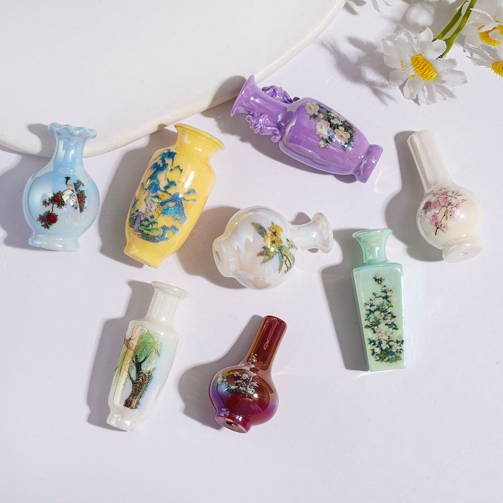 Acrylic Beads UV Coating Chinese Style Flower Vase with Landscape Prints, Random Mix