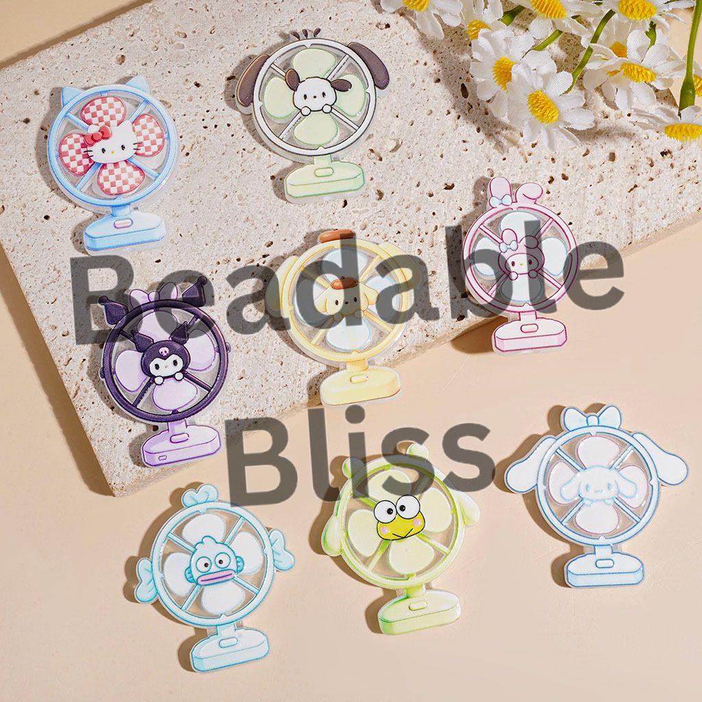 Acrylic Beads Adorable Character Series Dog Cat Girl Frog Ugly Fish Print, Fan Shape, Random Mix