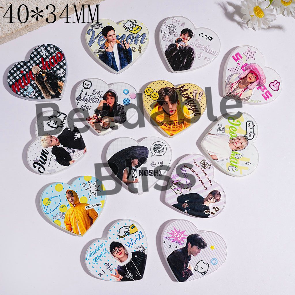 Acrylic Beads with Korea Boy Group Member Image, Flat Heart Shape, 40*34MM Random Mix