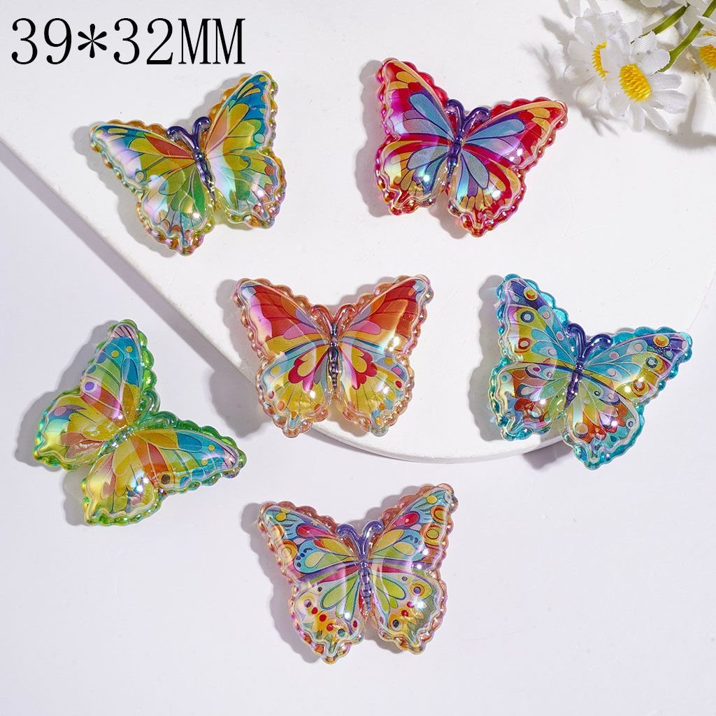 UV-Coated Acrylic Beads Butterfly with Colorful Pattern and Wavy Edge, 39*32MM Multi-Color Random Mix