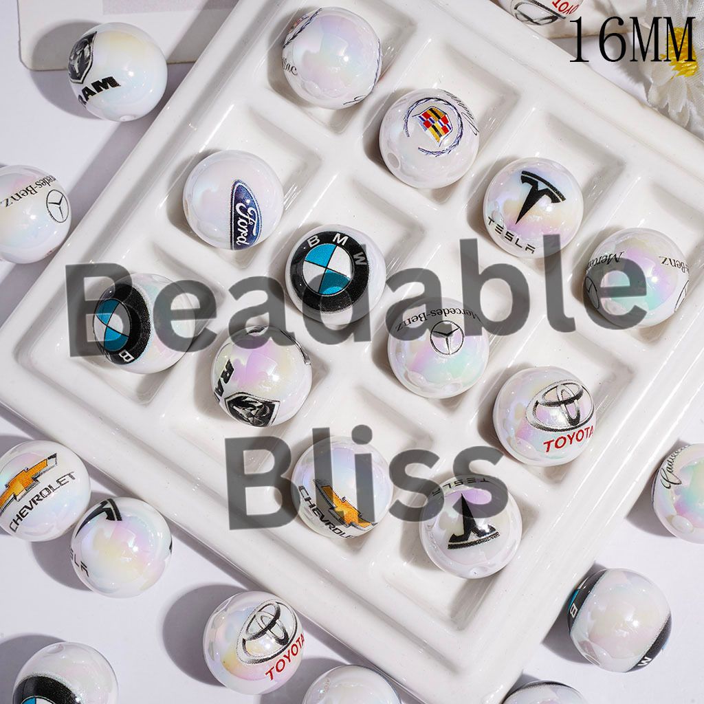 UV-Coated Acrylic Beads for Bracelets with Famous Car Badge Print, 16MM Random Mix