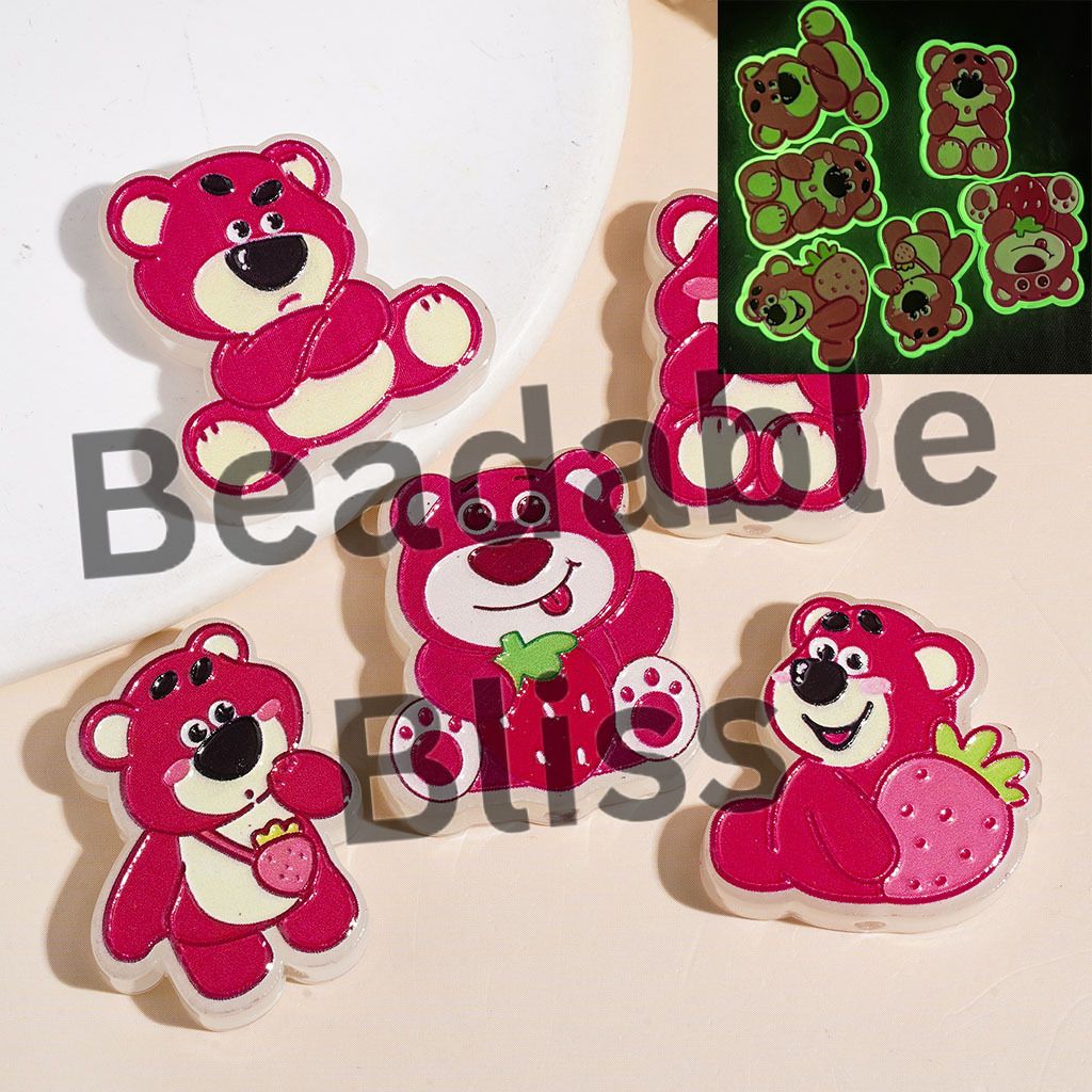 Luminous Happy Pink Bear Character in Various Ornament Acrylic Beads, Random Mix
