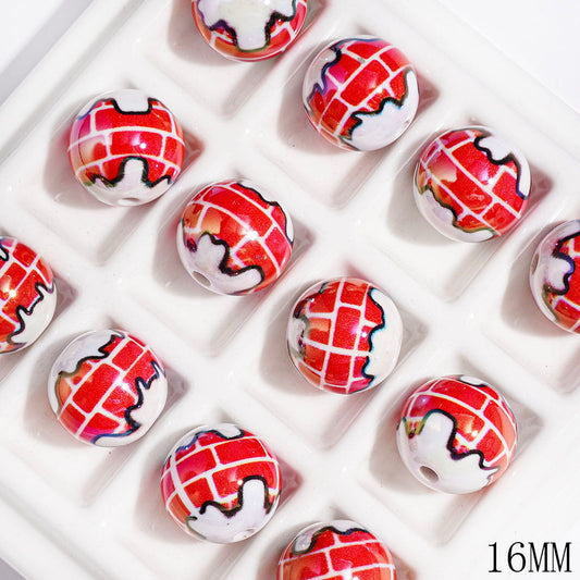 Acrylic Beads UV-Coated with Red Wall and White Puzzle Pattern, Round Beads for Bracelets,16MM