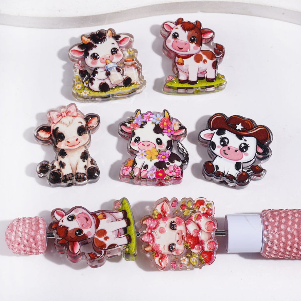 Semi-Clear Acrylic Beads Cow in Diverse Design, Random Mix
