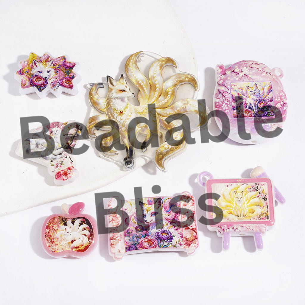 Acrylic Beads and Pendants Beautiful Fox in Flower Series, Random Mix