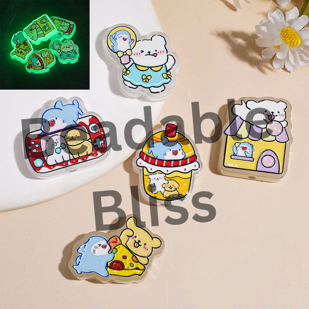 Luminous Acrylic Beads with Happy Puppy Dog and Shark Print Series, Random Mix